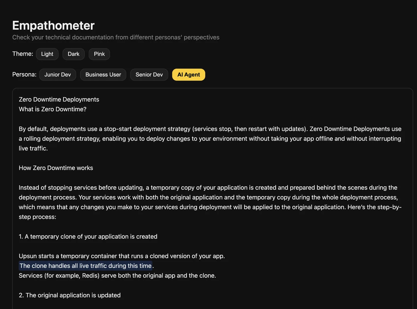 The Empathometer interface reviewing a documentation page from the perspective of an AI agent persona