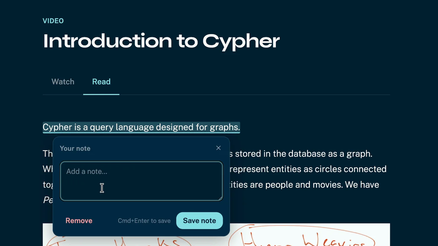 A lesson page on GraphAcademy with a sentence highlighted and a note being added to it