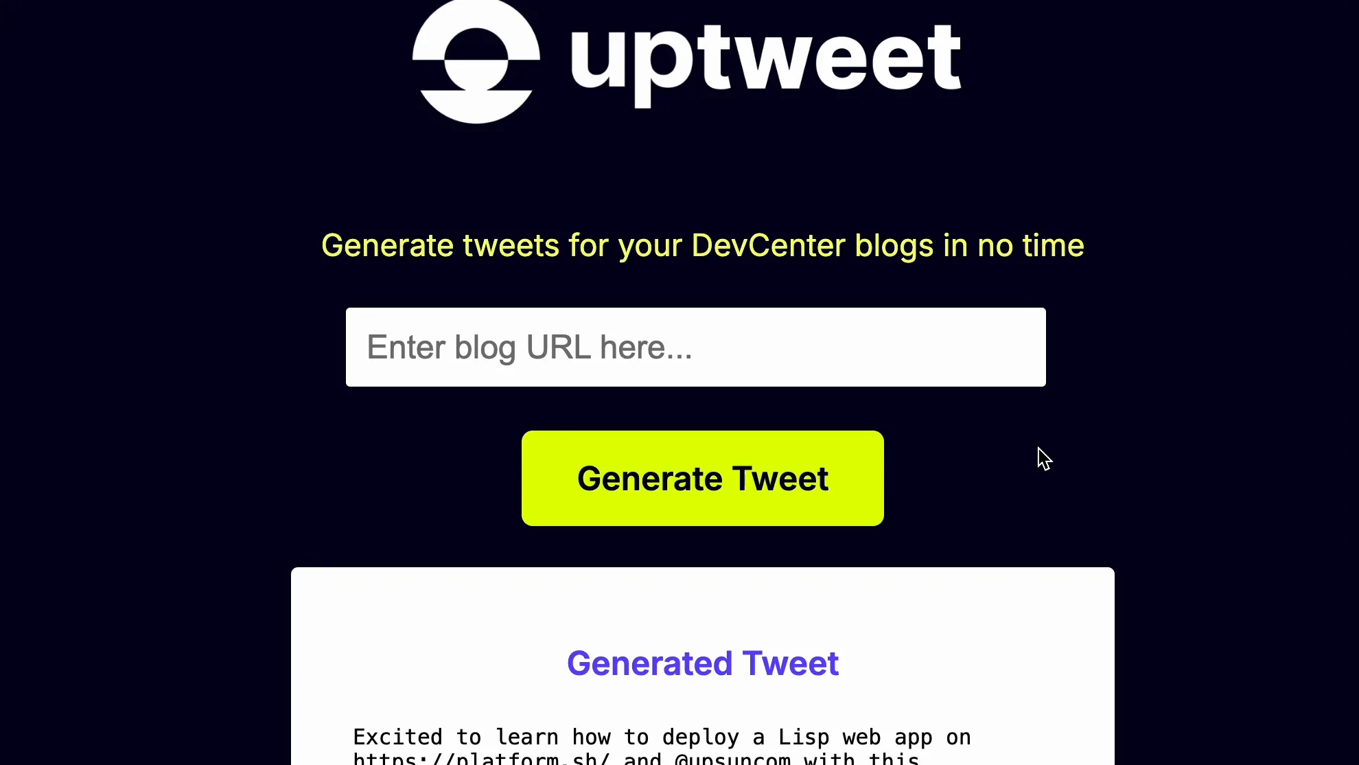 The uptweet app: a blog URL pasted in, and a generated social post underneath